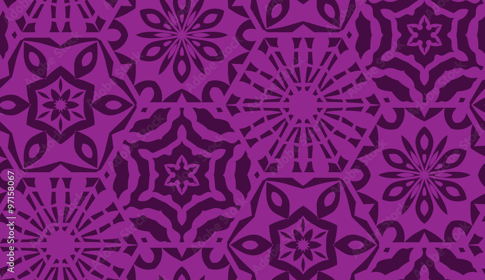 ector seamless background of hexagons decorated with patterns. Snowflakes and hexagons patterns. Purple geometrical seamless background.