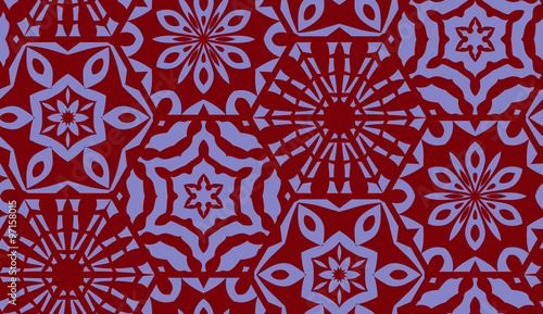ector seamless background of hexagons decorated with patterns. Snowflakes and hexagons patterns. Purple geometrical seamless background.