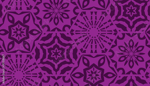 ector seamless background of hexagons decorated with patterns. Snowflakes and hexagons patterns. Purple geometrical seamless background.