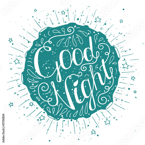 Black and white doodle typography poster with moon and stars. Cartoon cute card with lettering - Good night. Hand drawn romantic vector illustration isolated on white.