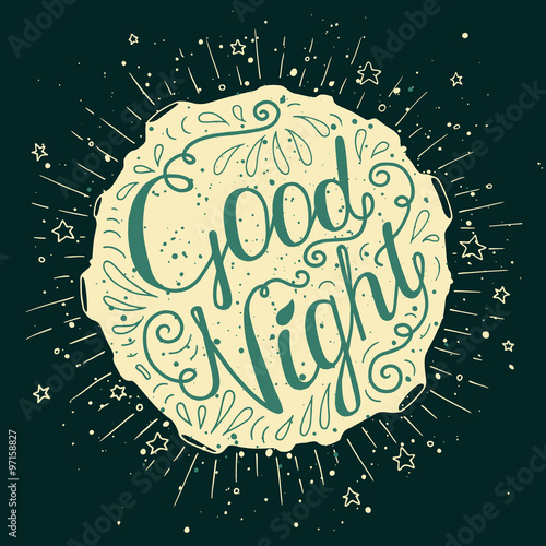 Blue doodle typography poster with moon and stars. Cartoon cute card with lettering - Good night. Hand drawn romantic vector illustration isolated on white.