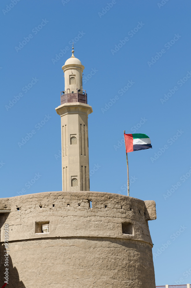 bur dubai mosque and old history museum with the use flag