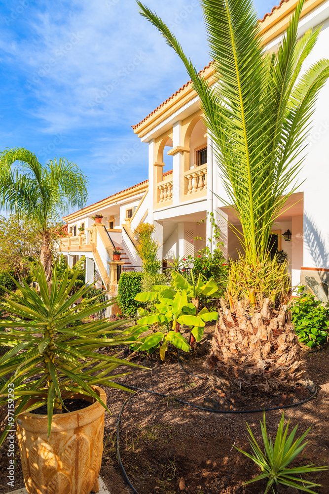Tropical garden in Costa Adeje town with typical Canary style holiday apartments, Tenerife, Canary Islands, Spain