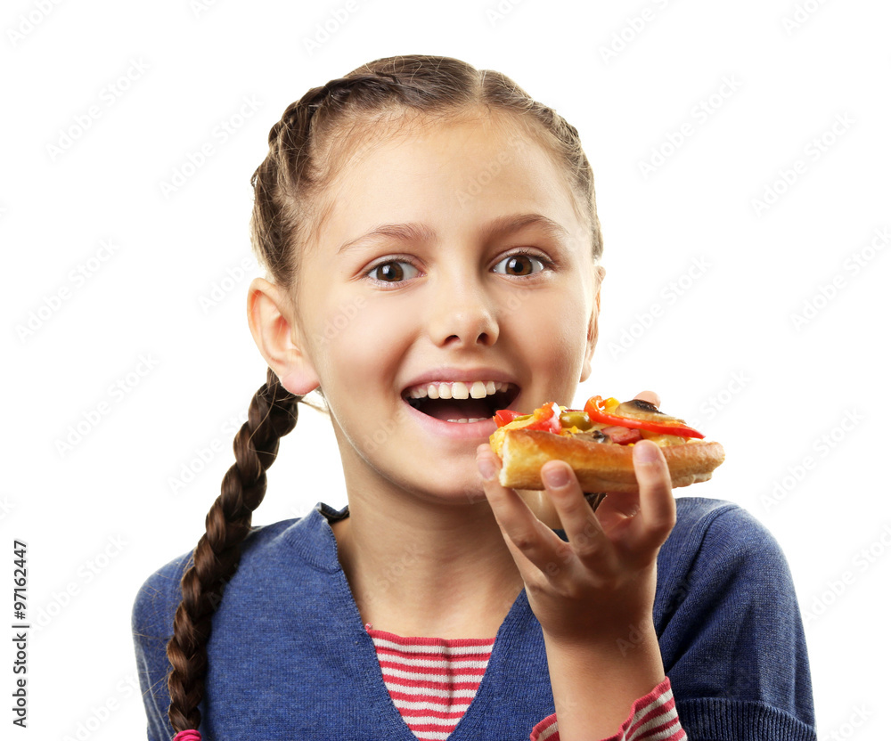 Little girl eating pizza isolated on white Little girl eating pizza isolated on white