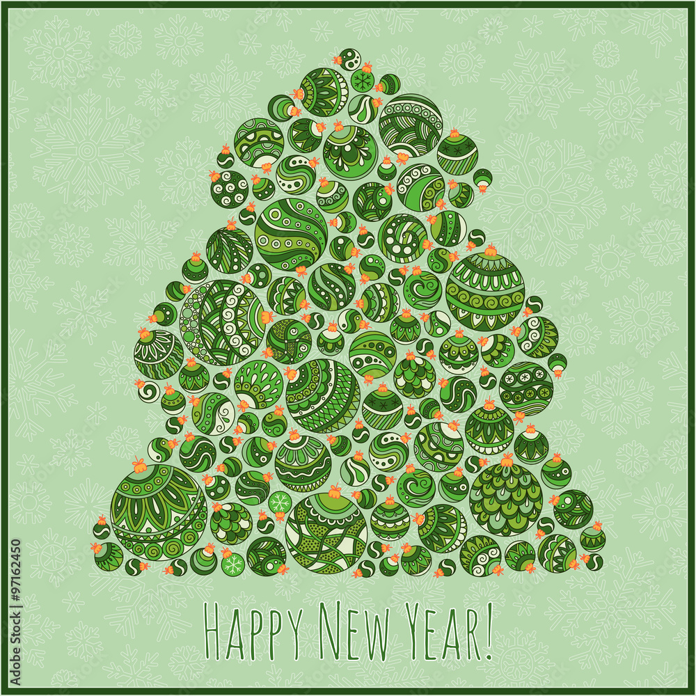 Happy New Year Greeting Card. Christmas tree from balls illustra
