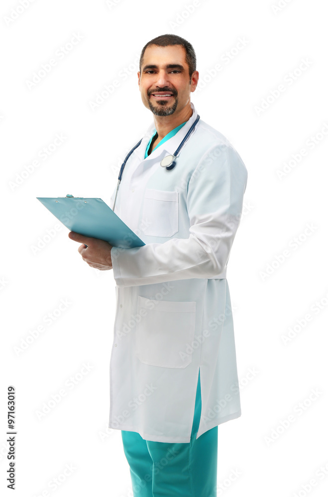 Portrait of a doctor with prescription board in hands isolated on white background Portrait of a doctor with prescription board in hands isolated on white background