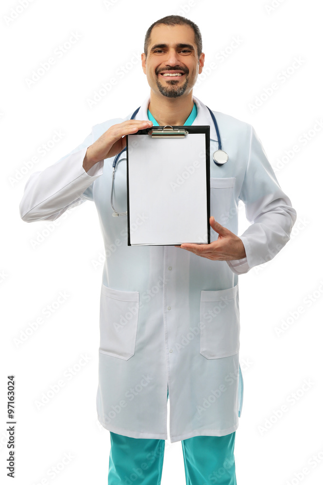 Portrait of a doctor with prescription board in hands isolated on white background Portrait of a doctor with prescription board in hands isolated on white background