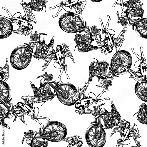 バイクと女神を総柄に