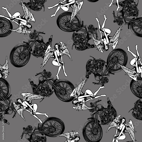 バイクと女神を総柄に