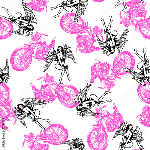 バイクと女神を総柄に