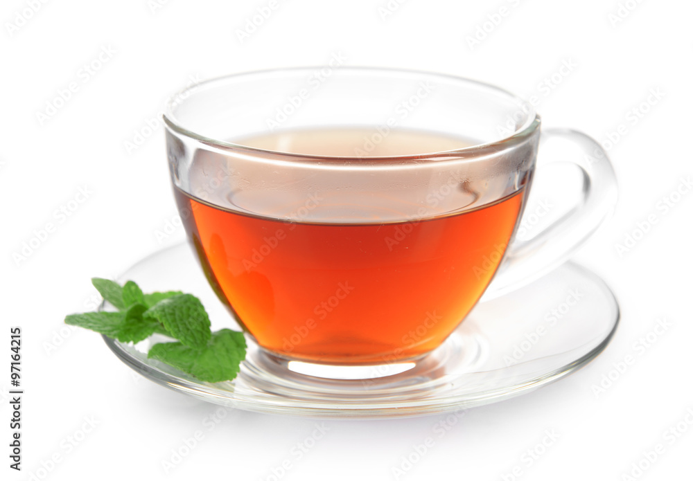 Glass cup of tea with mint leaves isolated on white background Glass cup of tea with mint leaves isolated on white background