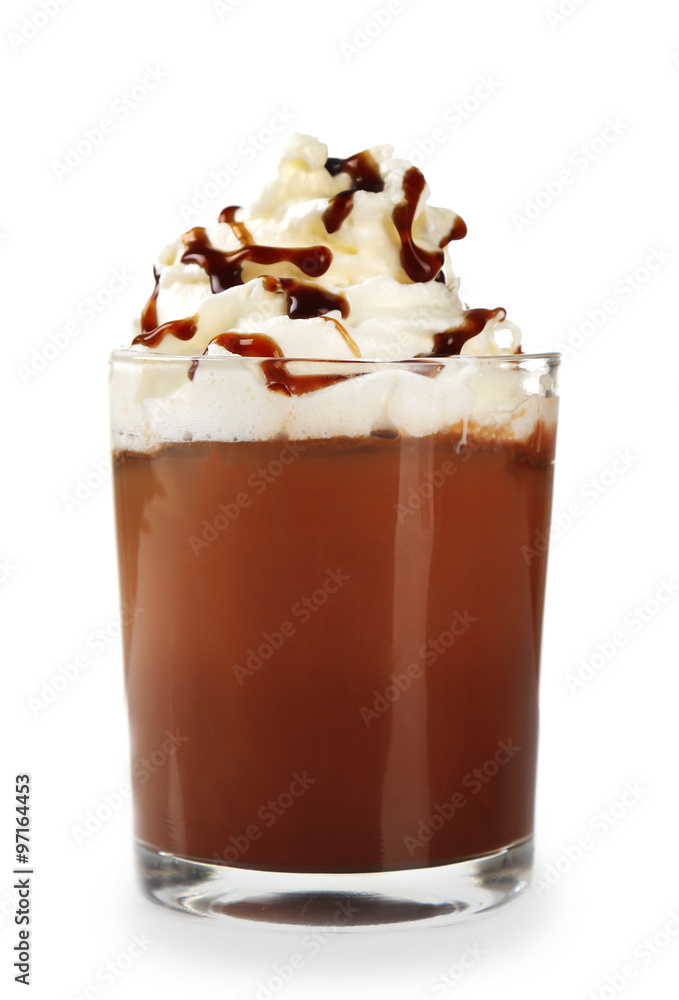 Hot chocolate with whipped cream in mug isolated on white Hot chocolate with whipped cream in mug isolated on white
