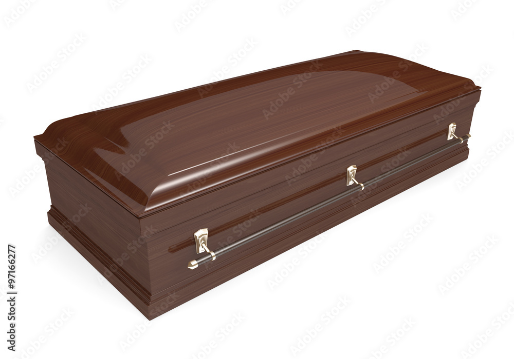 Closed wood coffin with carrying handles Closed wood coffin with carrying handles