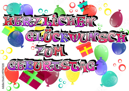 Vector german happy birthday card with balloons and gift boxes.