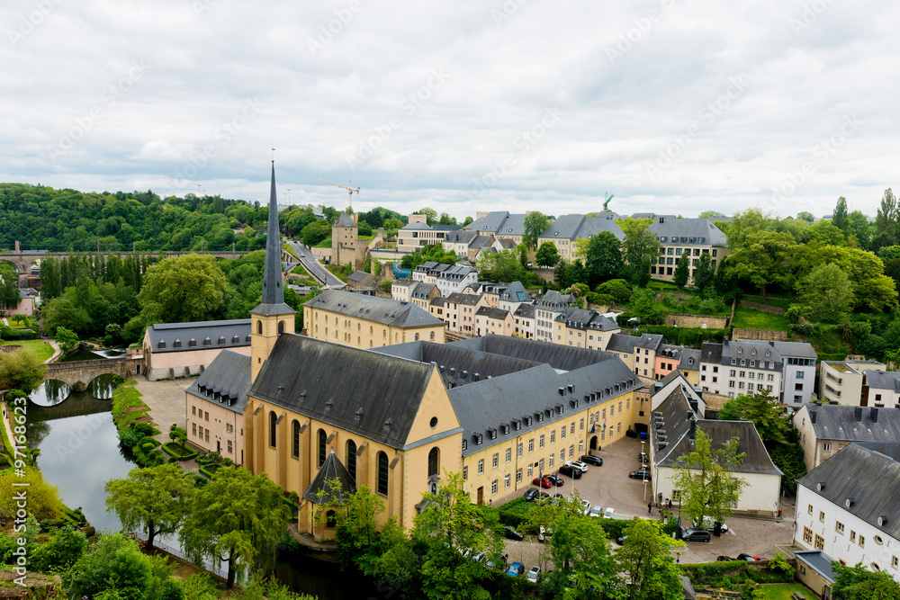 View on the Grund district of Luxembourg City with Neumuenster A
