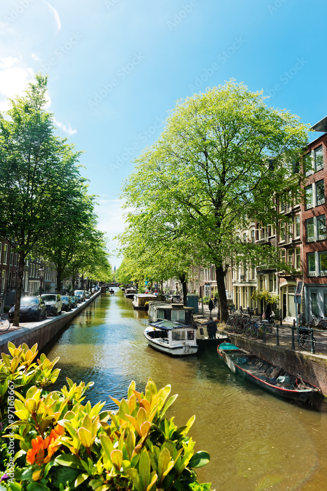 Amsterdam with green canal in the downtown, Holland