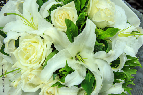 Fototapeta Naklejka Na Ścianę i Meble -  White rose and white lilies flower bouquet.