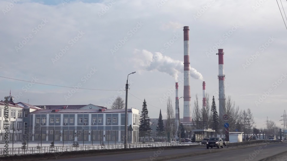 Smoking chimneys, automobile traffic Smoking chimneys, automobile traffic