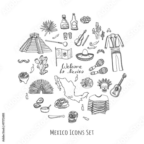 Hand drawn doodle Mexico set Vector illustration Sketchy mexican food icons United Mexican States elements Flag Maracas Sombrero Viva Mexico Maya Pyramid Aztec Tequila Agave Mariachi Poncho Guacamole