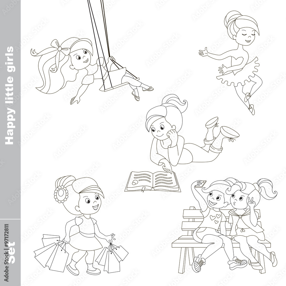 Happy little girls set outlined. Happy little girls set outlined.