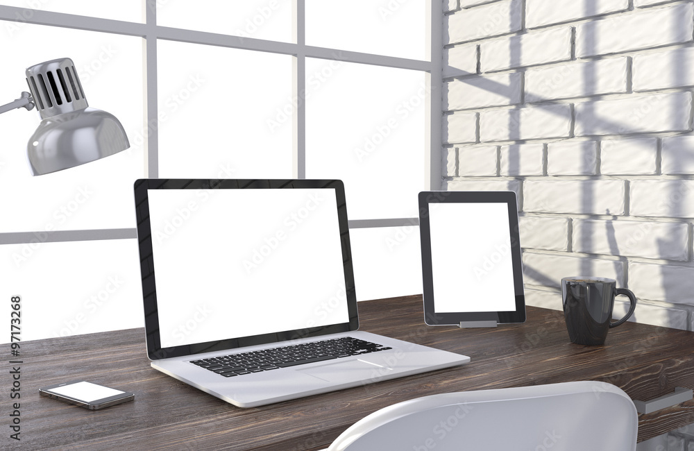 3D illustration laptop and work stuff on table near brick wall, Workspace 3D illustration laptop and work stuff on table near brick wall, Workspace