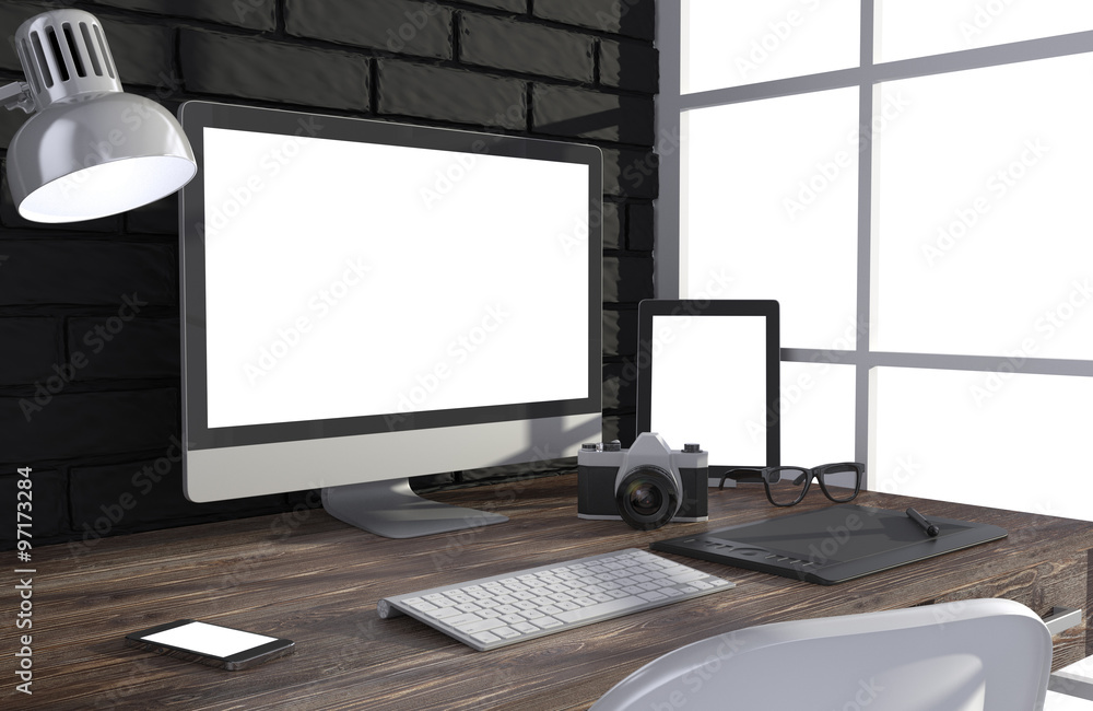 Fototapeta premium 3D illustration PC screen on table in office, Workspace