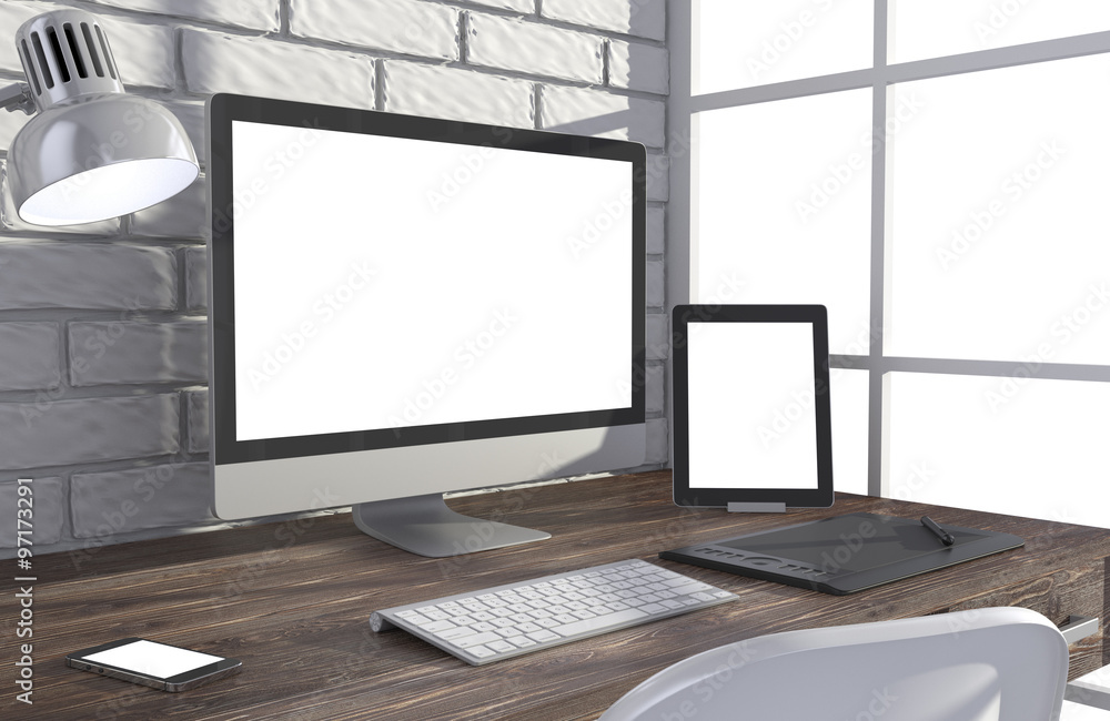 Fototapeta premium 3D illustration PC screen on table in office, Workspace
