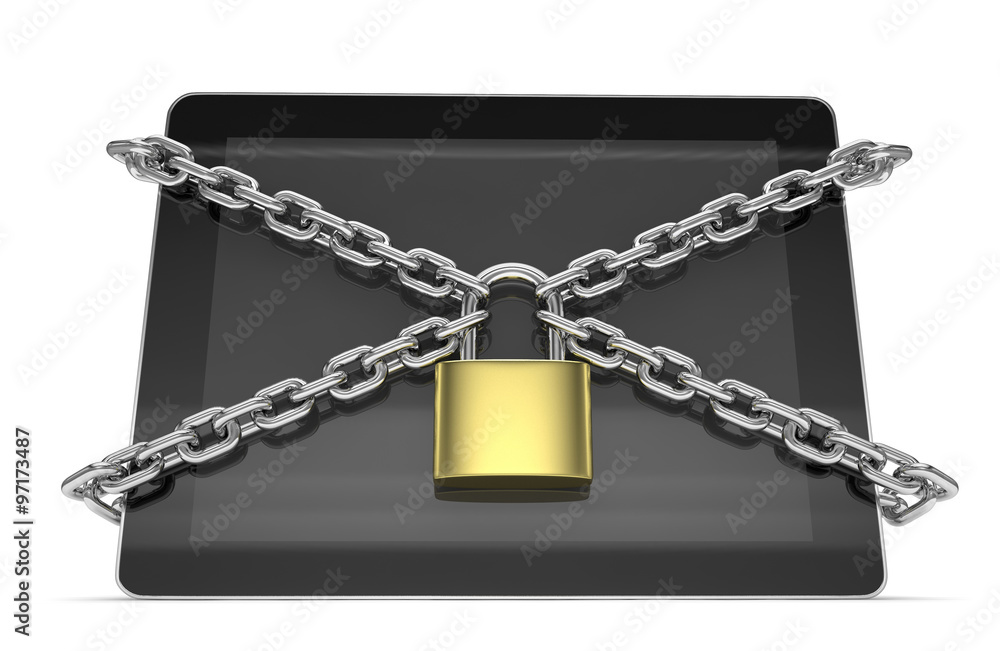 tablet PC with chains and lock isolated on white background tablet PC with chains and lock isolated on white background