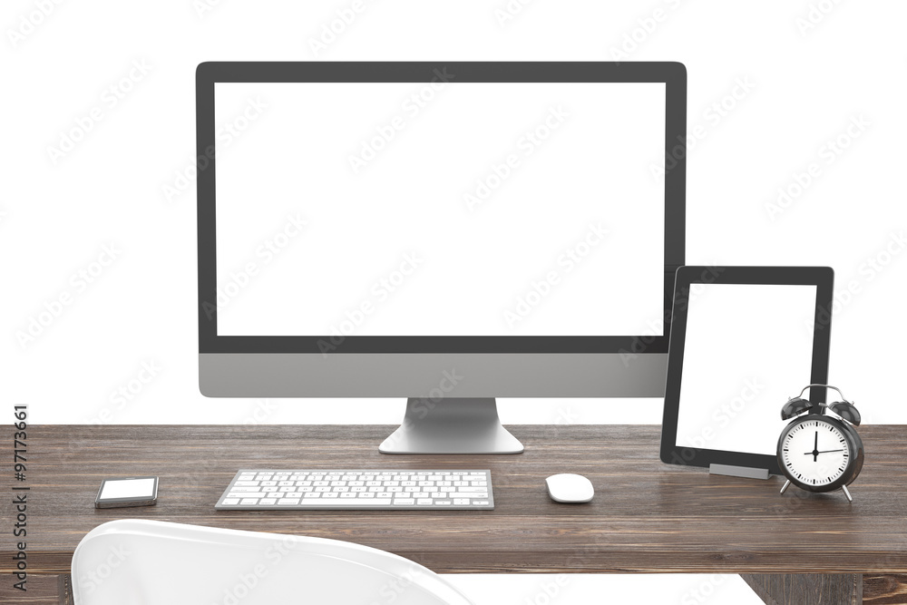 Fototapeta premium 3D illustration PC screen on table in office, Workspace