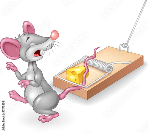 Cartoon mouse in a mousetrap isolated on white background