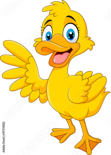 Cartoon funny duck waving hand isolated on white background 