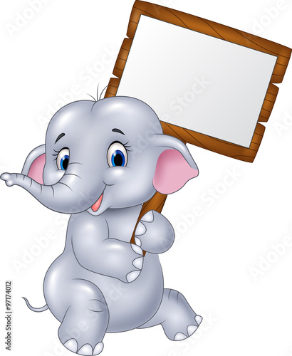 Cute baby elephant holding blank sign