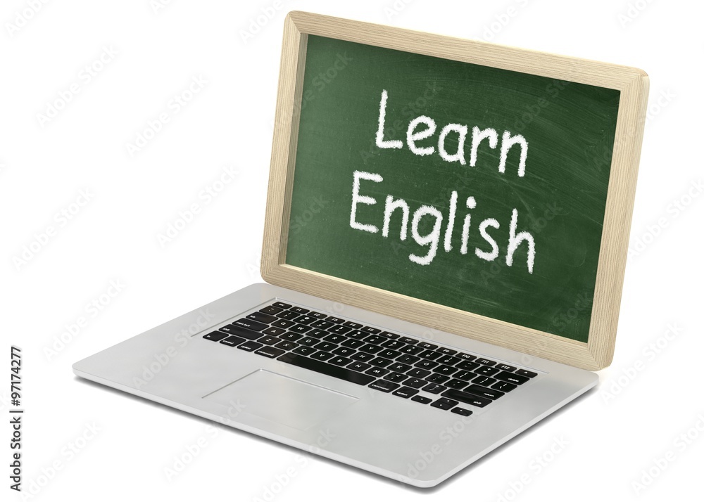 Laptop with chalkboard, learn english, online education concept Laptop with chalkboard, learn english, online education concept