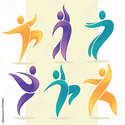 vector collection of abstract people in dancing poses, logo and