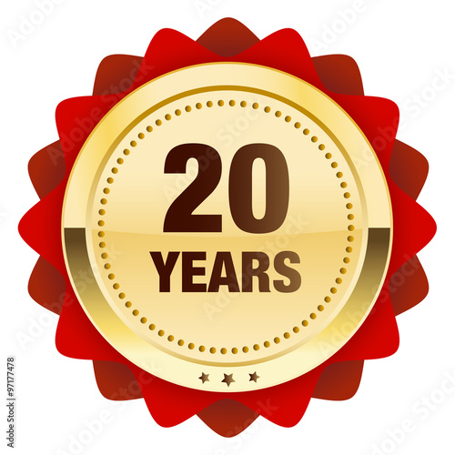 20 years seal or icon. Glossy golden seal or button with stars and red color.