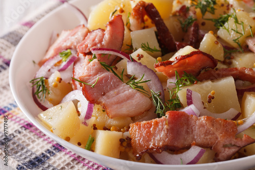 potato salad with bacon on a plate macro. horizontal