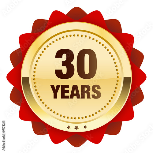 30 years seal or icon. Glossy golden seal or button with stars and red color.
