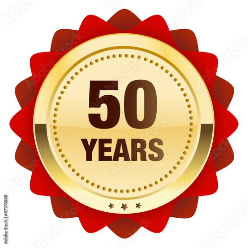 50 years seal or icon. Glossy golden seal or button with stars and red color.