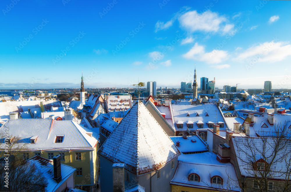 A view over the rooftops of old Tallinn frosty morning