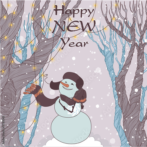 Snowman stands among the trees with lights and enjoys the snow and New Year