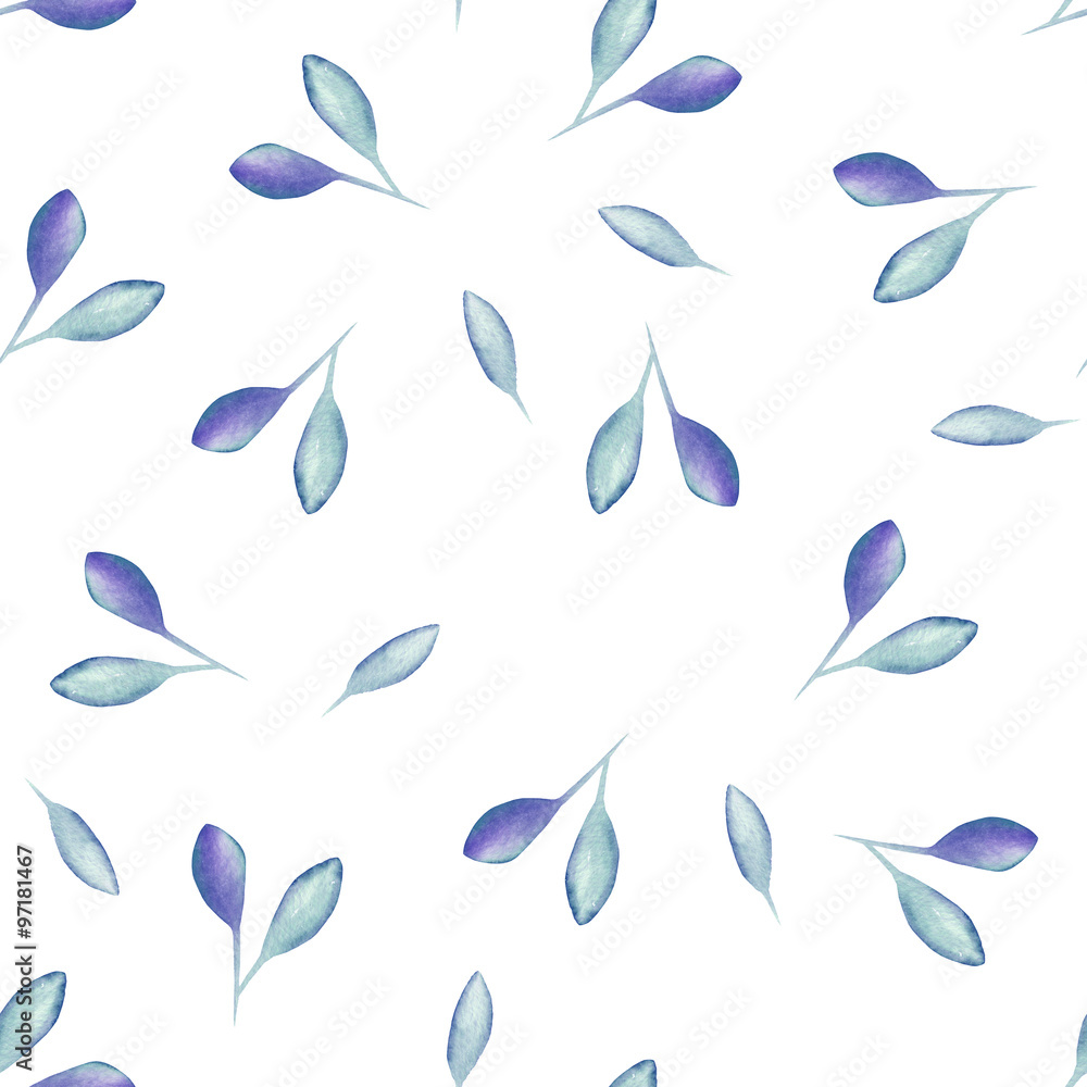 A seamless floral pattern with the watercolor blue leavespainted on a white background