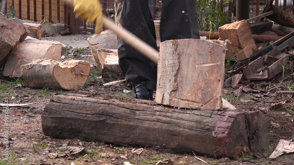 Lumberjack worker cutting firewood with heavy axe