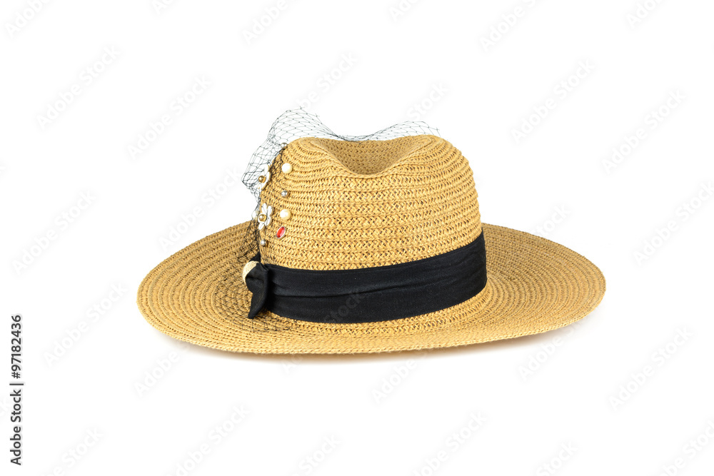 Pretty straw hat with flower isolated on white