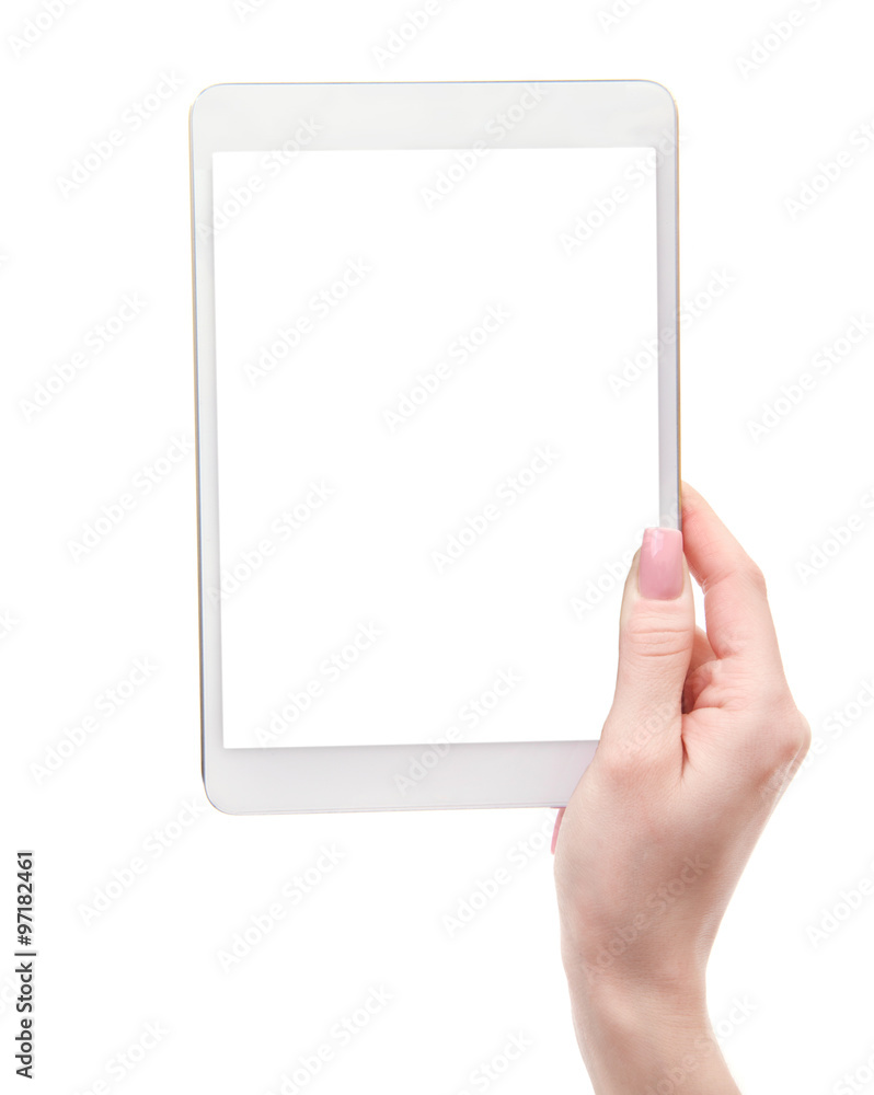 Tablet in hand isolated on white Tablet in hand isolated on white