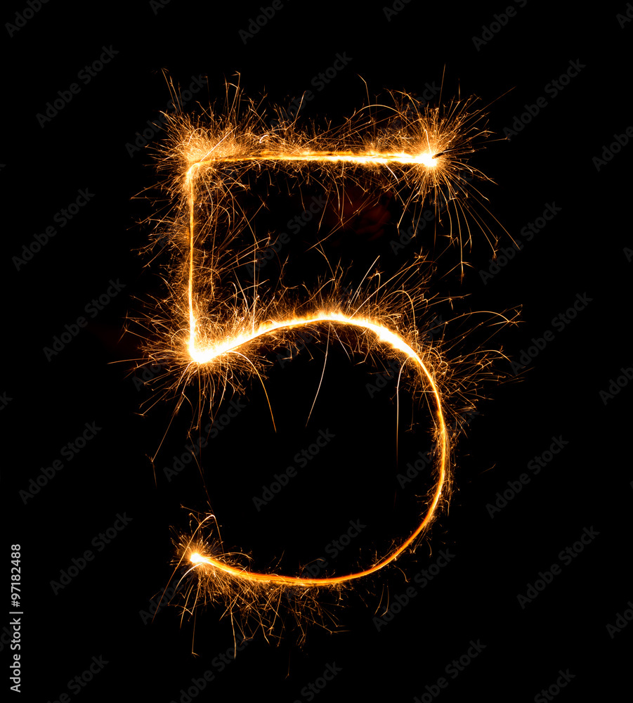 5.Digit five made of firework sparklers at night