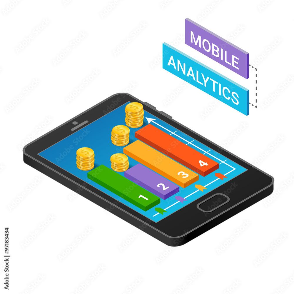 Isometric Smartphone with graphs. Mobile analytics concept. Isometric Smartphone with graphs. Mobile analytics concept.