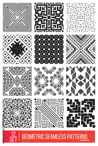 Set of Universal different geometric seamless patterns, monochro