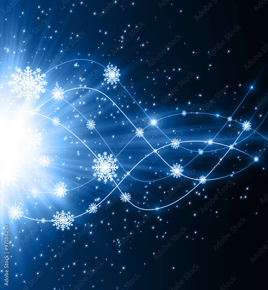 Snowflakes and stars shining descending on blue background. Christmas star Snowflakes and stars shining descending on blue background. Christmas star