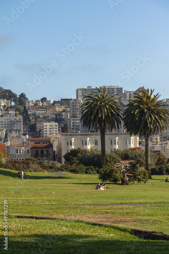 Green park in San Francisco with downtown at background