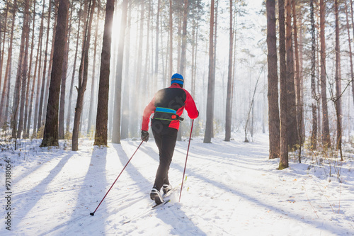Bilde på lerret A man cross-country skiing on the trail in Siberia
